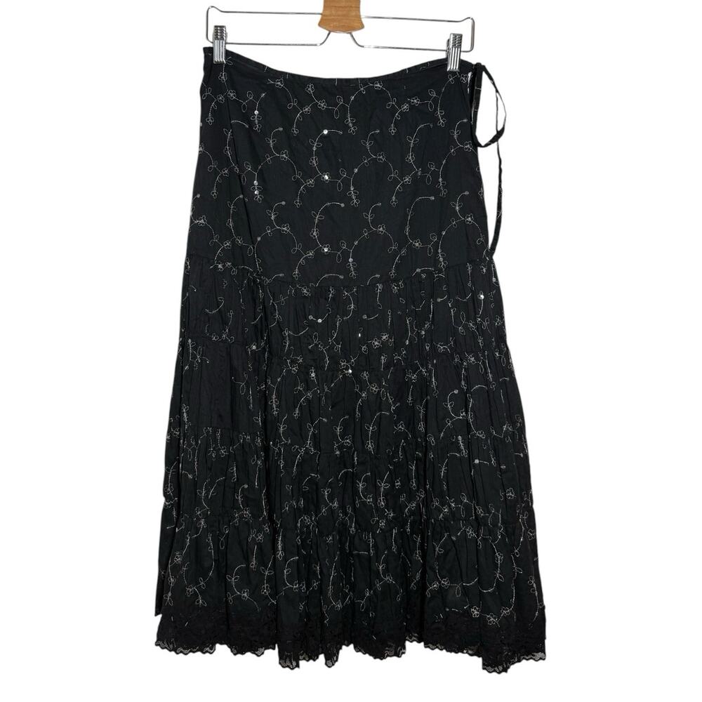 Vintage Black Boho Tiered Embroidered Sequin Lace Trim Midi Skirt Small